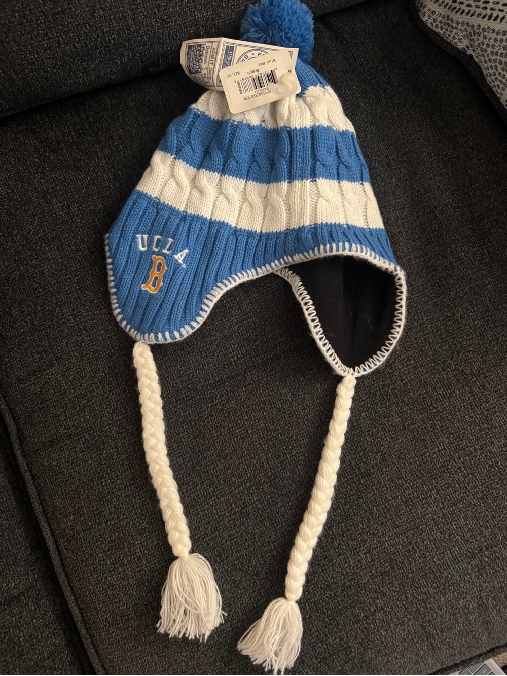 UCLA Blue & White Knit Pom Earflap Hat